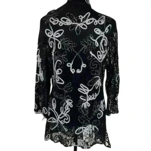 Black Lace Cardigan w/ Rope Floral Accents, size Medium - Picture 3 of 3